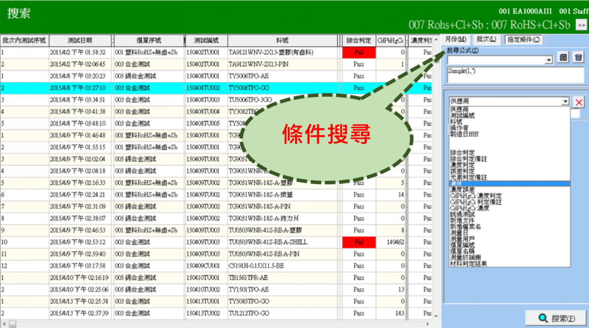 HITACHI XRF分析資料可自由依照不同條件搜尋